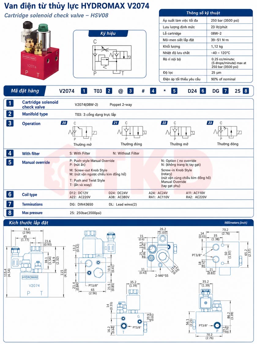 thông số kỹ thuật van điện từ thủy lực hydromax v2074 thông số kỹ thuật van điện từ thủy lực hydromax v2074