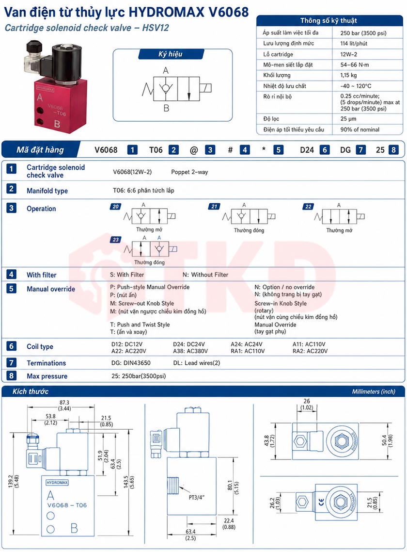 thông số kỹ thuật van điện từ thủy lực hydromax v6068 thông số kỹ thuật van điện từ thủy lực hydromax v6068